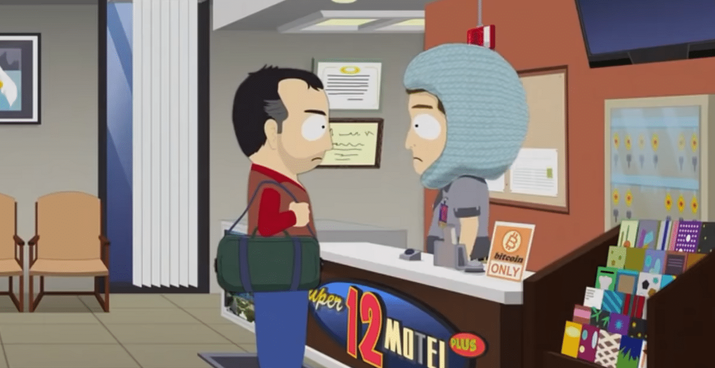 Stan sendo convidado a pagar pelo motel com Bitcoin