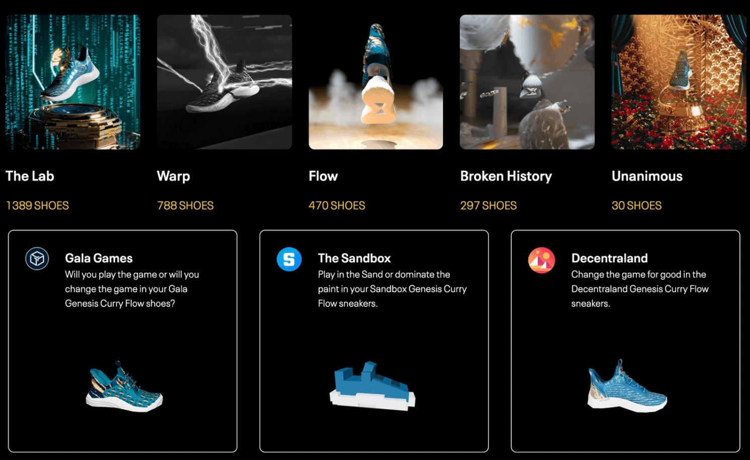 Overview of the Genesis Curry Flow NFTs collection and how it looks in different metaverses (Source: Curry Brand website)