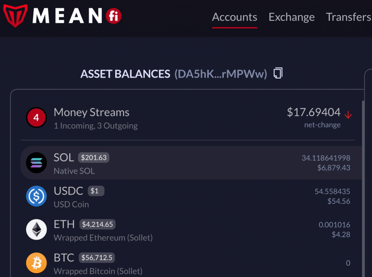 MeanFi application interface overview