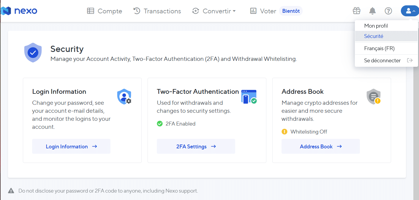 Clicking on the icon in the top right corner will take you to the security page