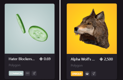 Decentraland Wearable NFT: Hater Blockers and Alpha Wolf Headgear Price Interface
