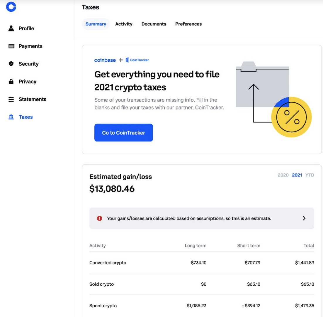Скриншот нового налогового центра на Coinbase. Изображение: Coinbase