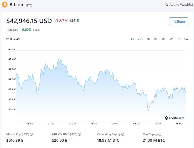 Bitcoin Price - January 17th, 2022 (Source: Crypto.com)