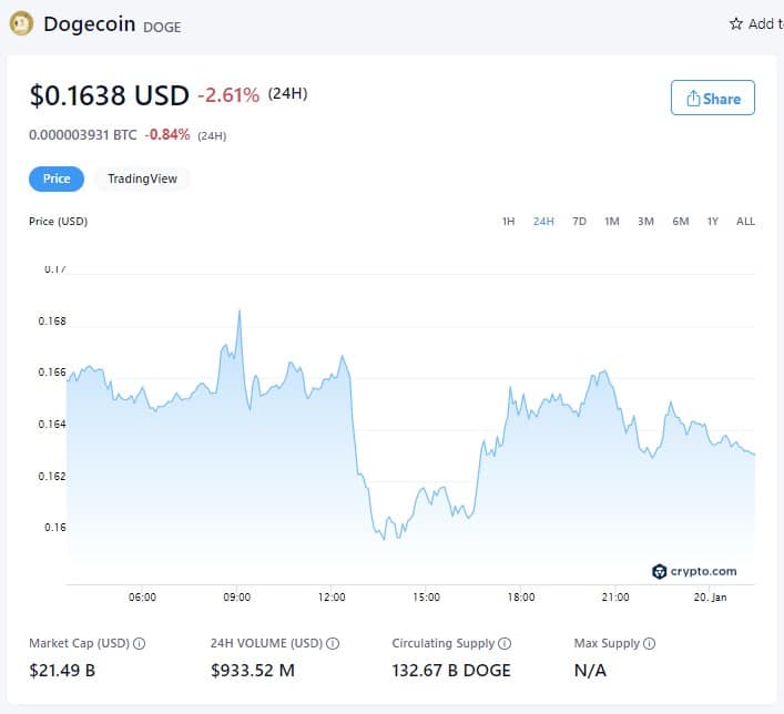 Dogecoin Price - January 19th, 2022 (Source: Crypto.com)