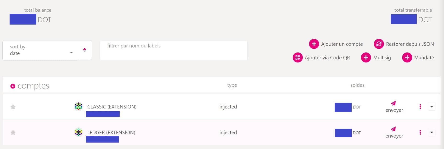 Vista dei tuoi diversi conti sulla blockchain Polkadot