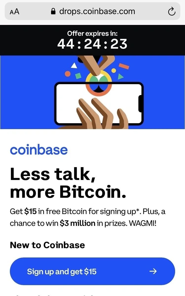 Coinbase比特币赠品页面,该公司的超级碗广告二维码导致。