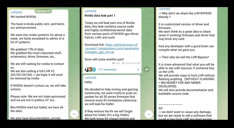 Messaggi dal Telegram pubblico di LAPSUS$. Immagine: PC Mag