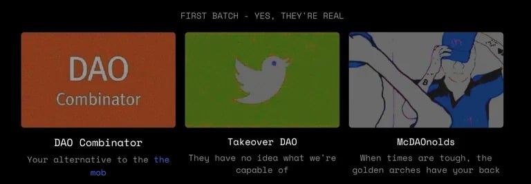 Screenshot van projecten vermeld op het DAODAO platform.