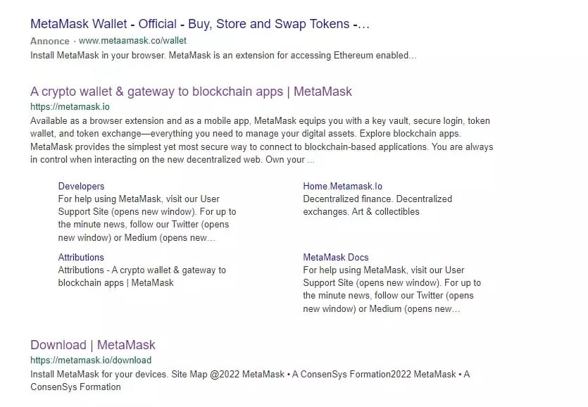 Abbildung 2: Betrügerische Anzeige als erstes Suchergebnis MetaMask