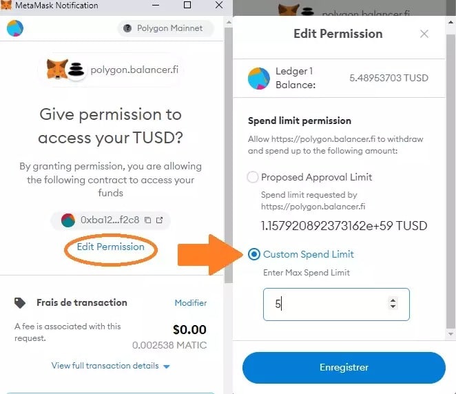 Abbildung 9: Anpassen einer Berechtigung über MetaMask