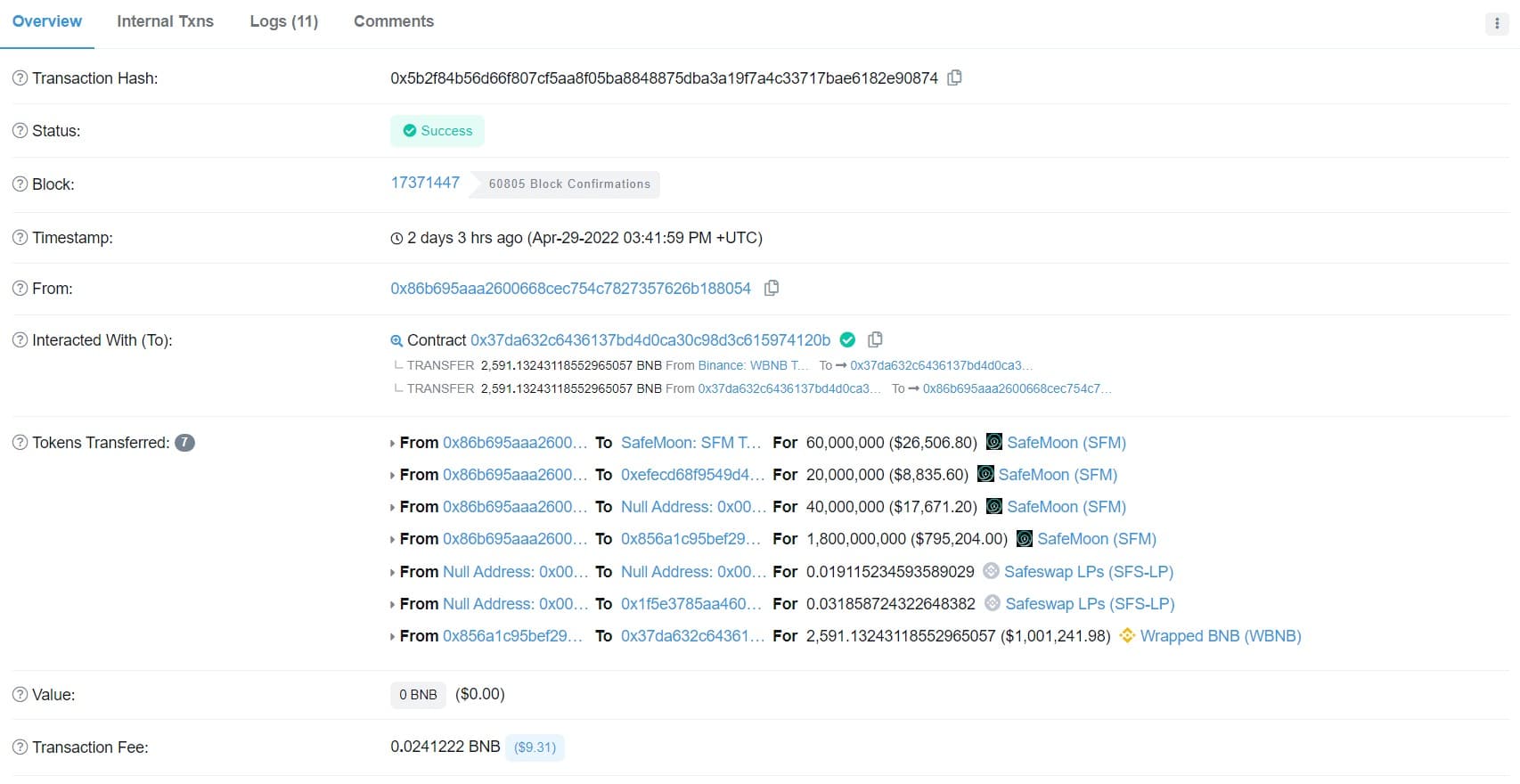 bscscan.com上のSafemoonウォレットとされる取引の1つ