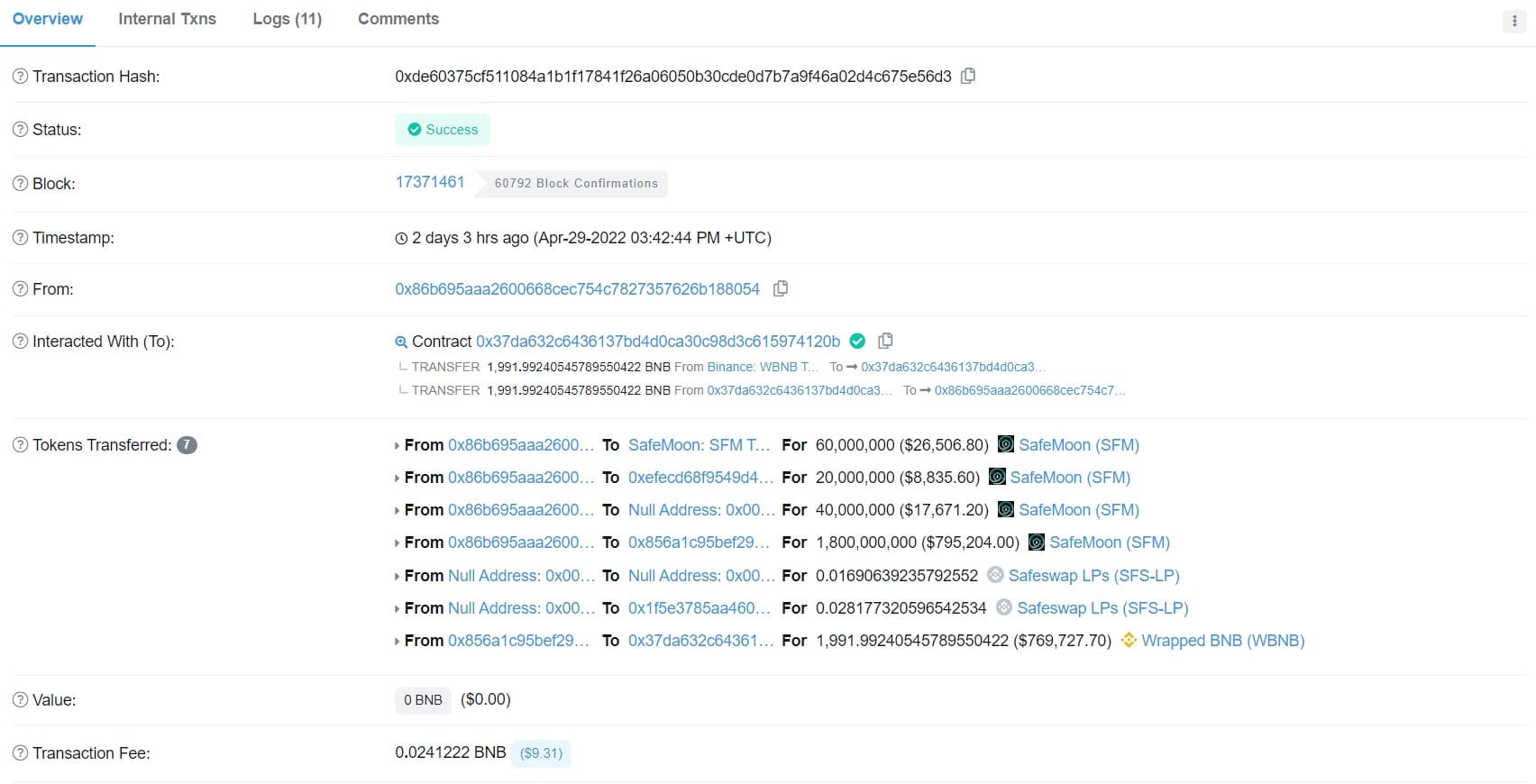 The second of the alleged Safemoon wallet's transactions on bscscan.com