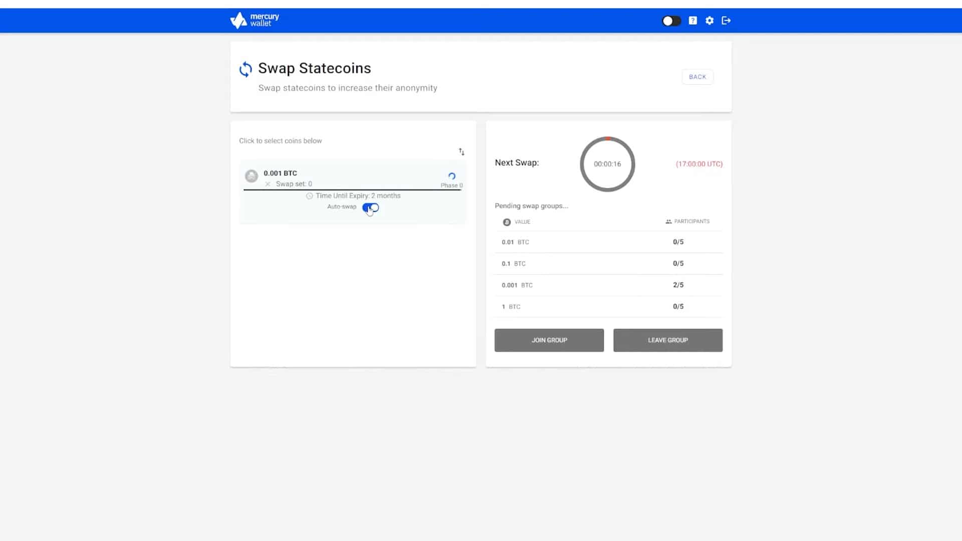 Sie können Ihre Statecoins mit der Auto-Swap-Funktion automatisch in Swaps eintragen.