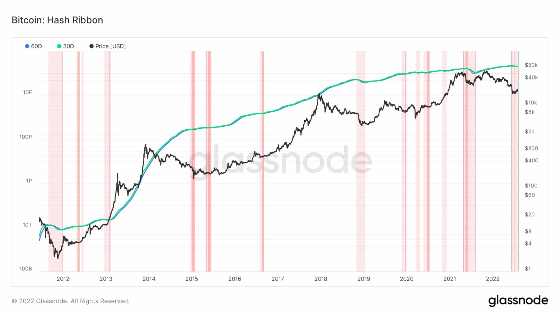 Indicateur du ruban de hachage du Bitcoin de 2012 à 2022 (Source : Glassnode)