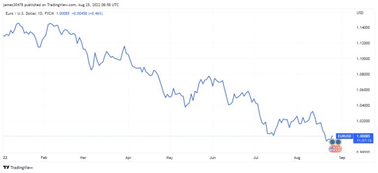 2022年1月至2022年8月的欧元/美元平价(来源:TradingView)
