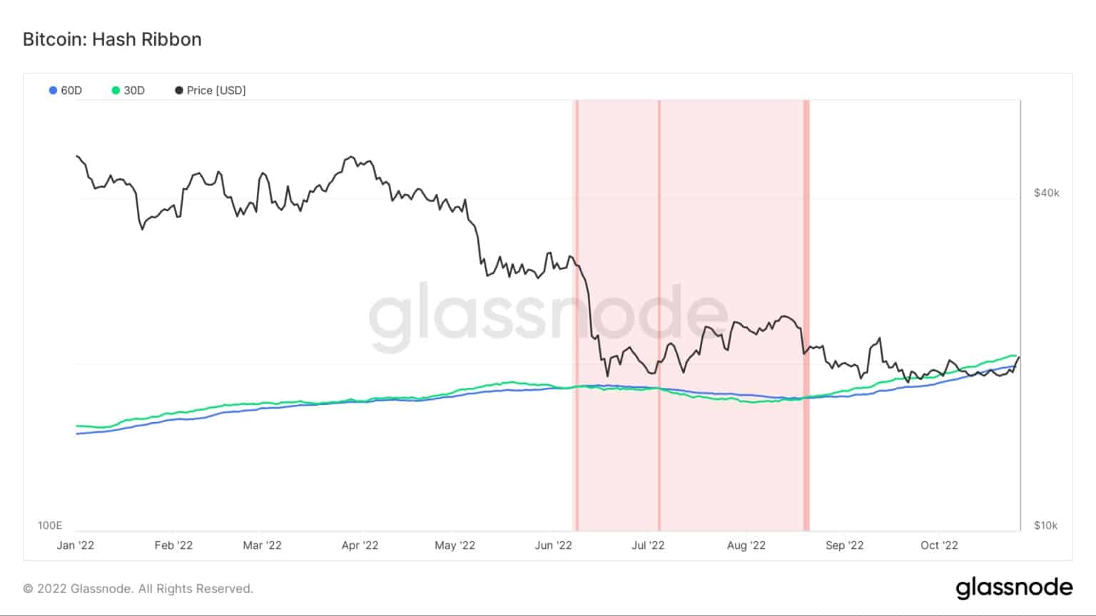 图表显示2022年1月至2022年10月的比特币哈希带指标(来源:Glassnode)