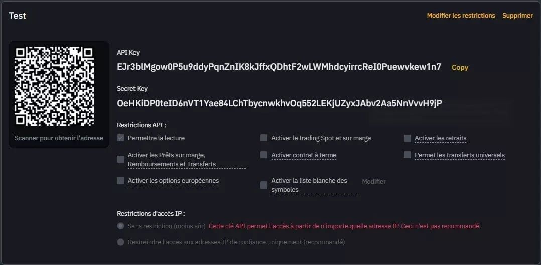 Rysunek 2 - Konfigurowanie klucza API na Binance