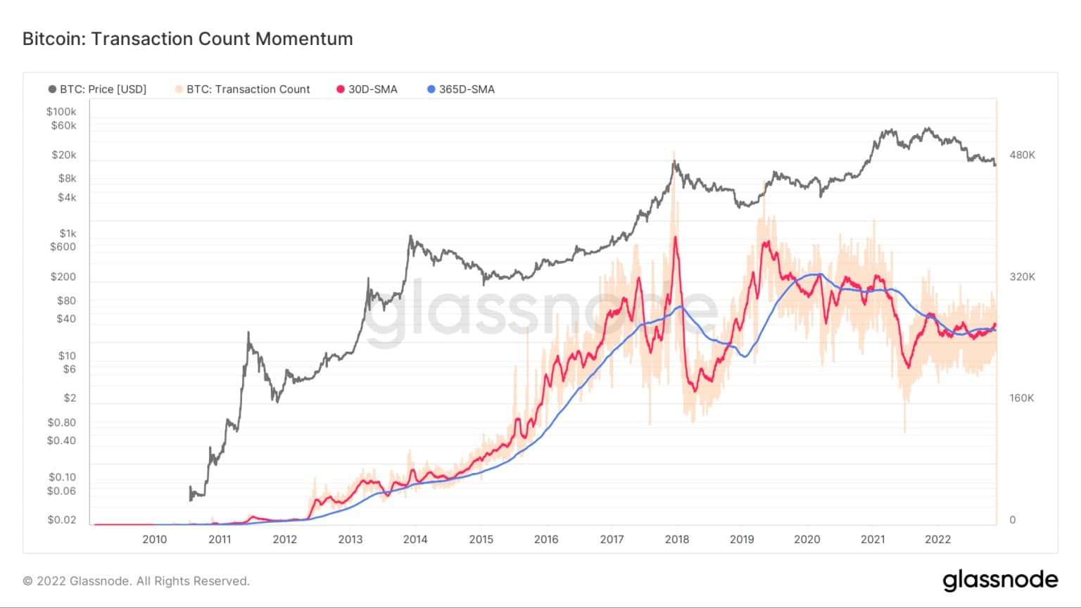Graphique montrant l'élan du nombre de transactions sur le réseau Bitcoin (Source : Glassnode)