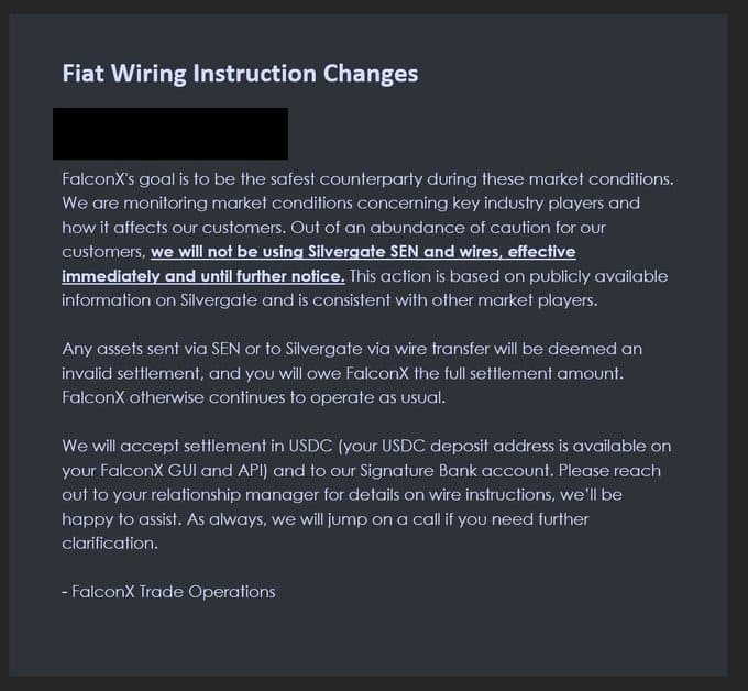 Screengrab met FalconX's e-mail aan klanten op 18 november (Bron: Twitter)