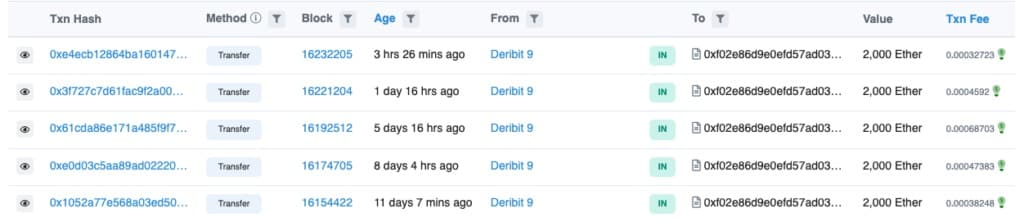 Screengrab met de transacties van een Deribit 9 gelabeld adres naar het adres geassocieerd met Alameda Research (Bron: Etherscan)