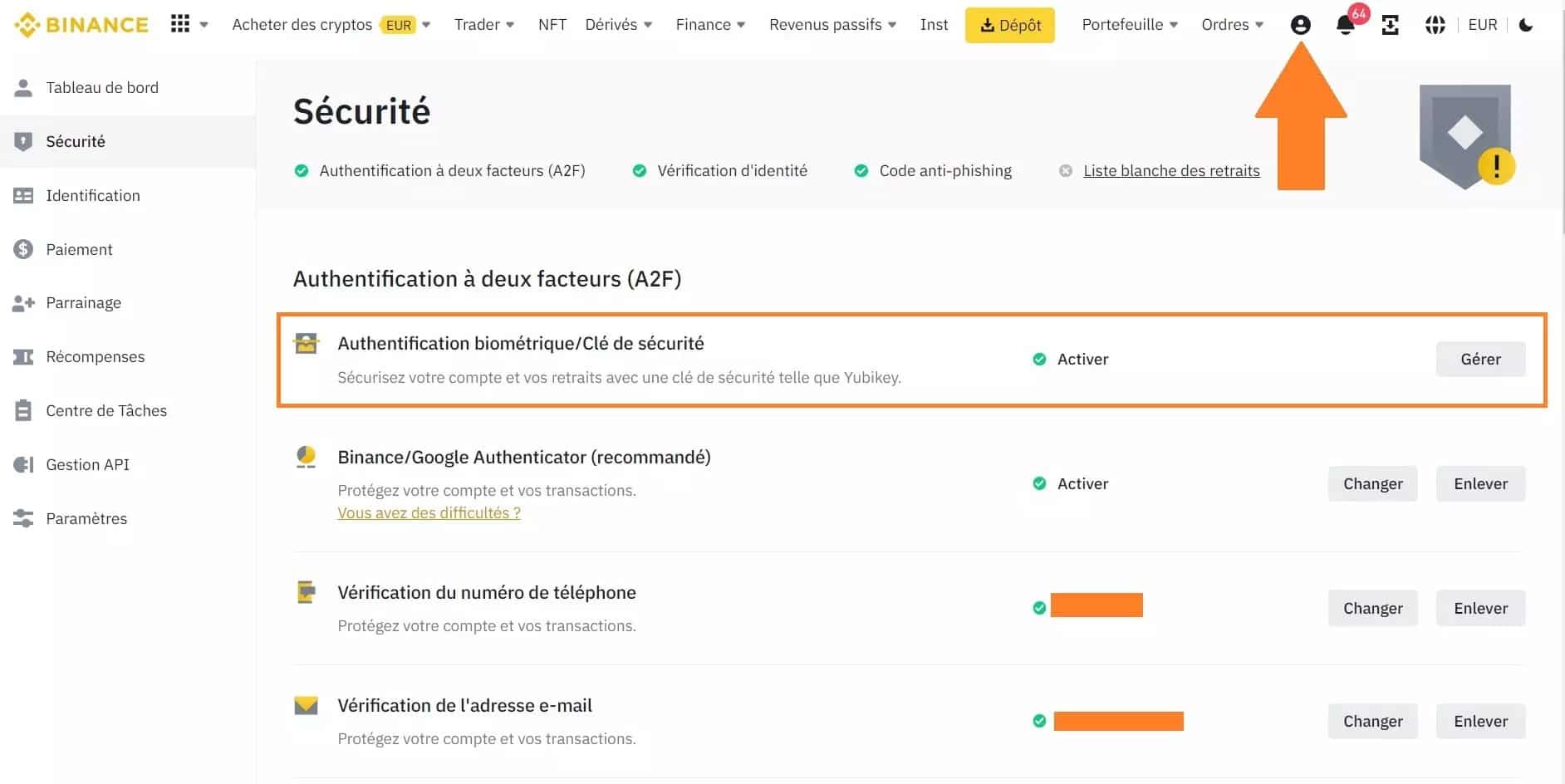 Figura 2 - Menu di sicurezza di Binance
