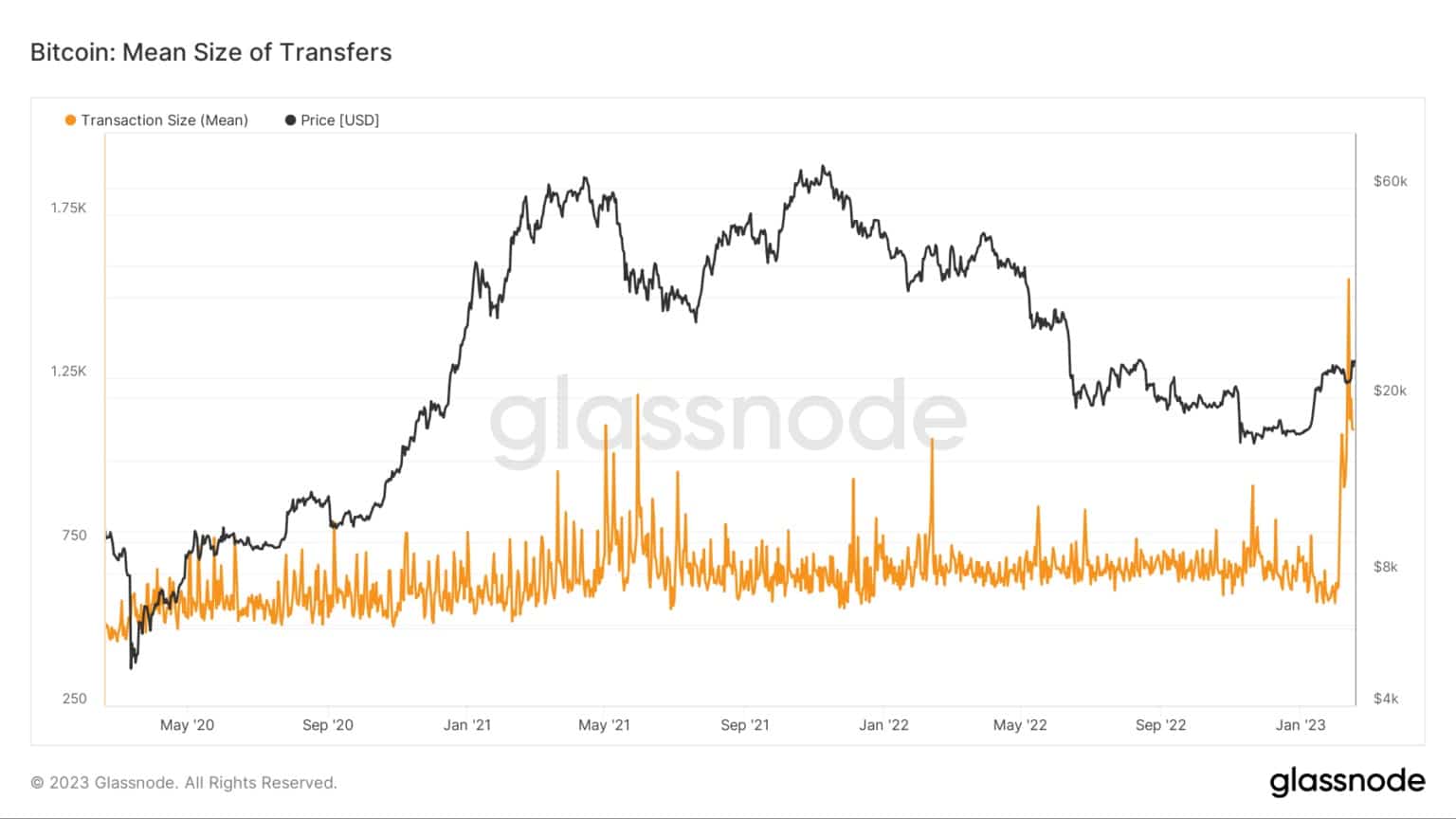 La dimensione media dei trasferimenti (fonte: Glassnode)