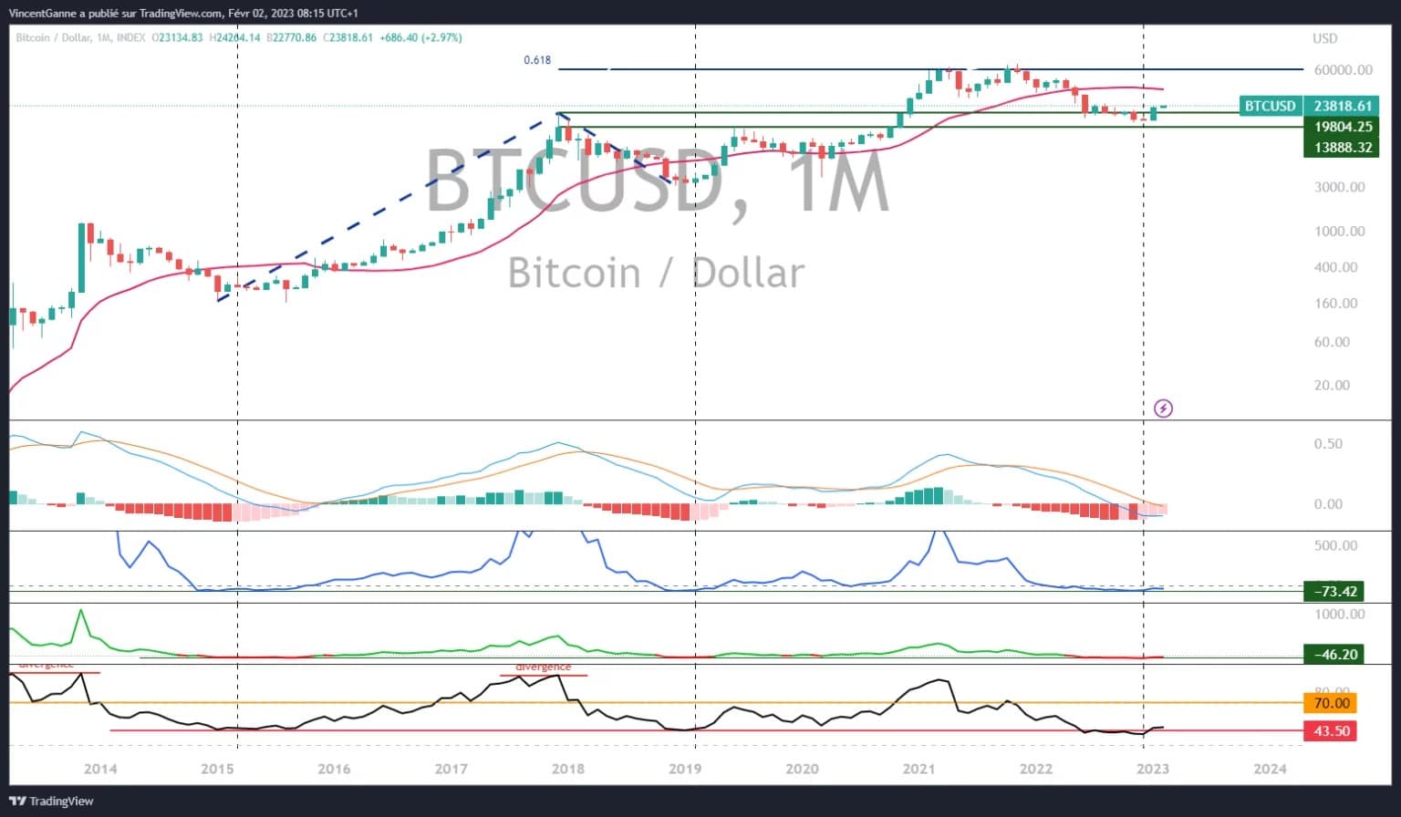 Chart that exposes the bitcoin price in monthly data and under a logarithmic scale