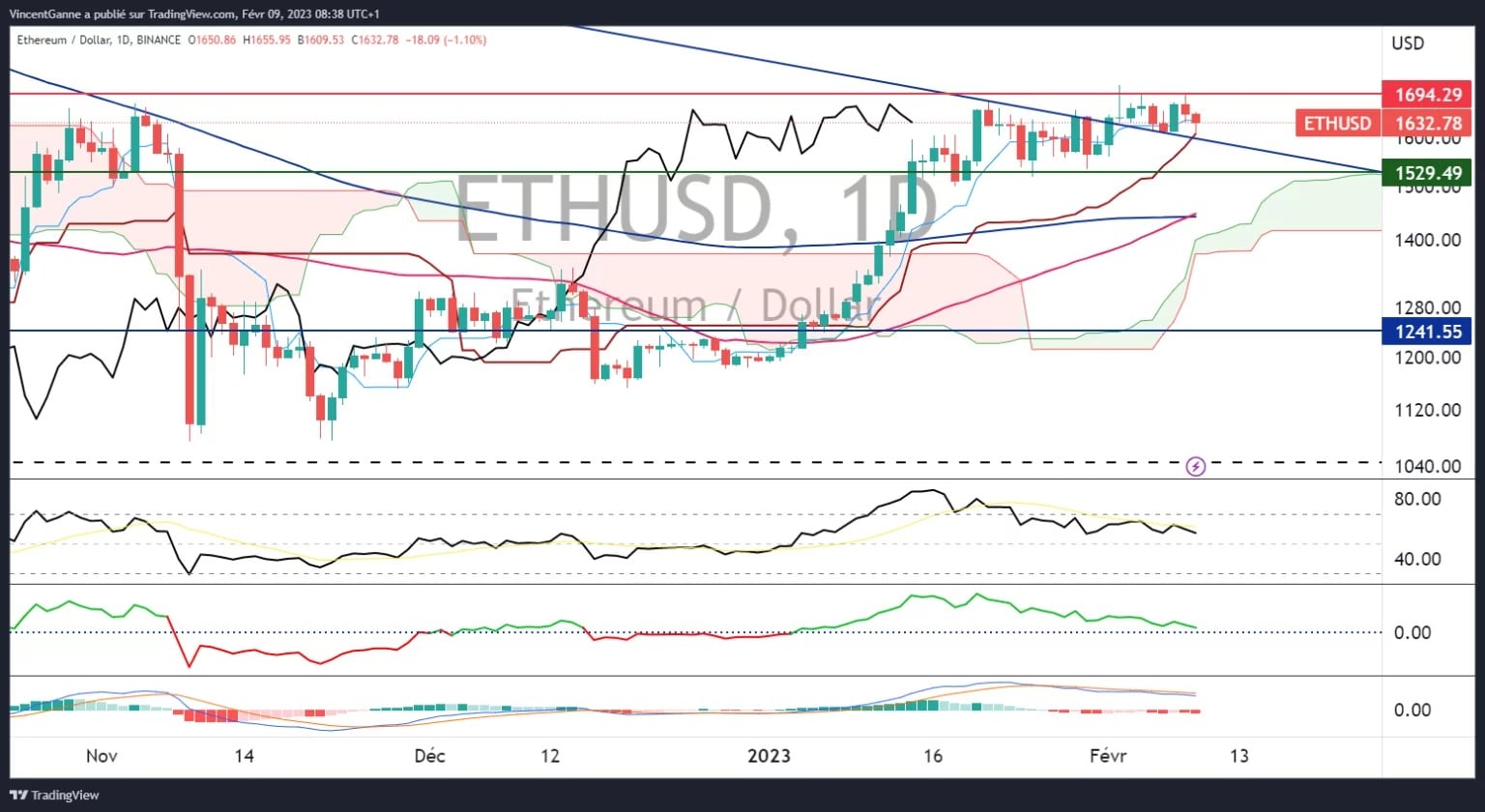Grafico che mostra il tasso ETH/USD in candele giapponesi giornaliere