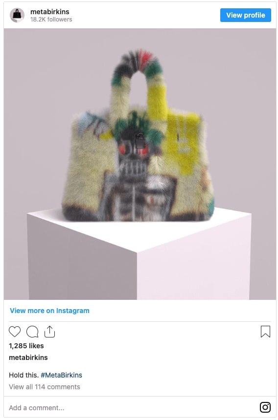 メイソン・ロスチャイルドのメタバーキンは、ソーシャルメディアやブログ、ウェブサイト、さらにOpenSeaで宣伝された(出典:Instagram)