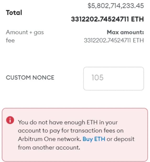 Schatting van de gasvergoeding voor het claimen van ARB-tokens via Arbiscan. Bron: MetaMask
