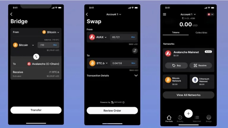Основният портфейл позволява на потребителите лесно да прехвърлят и разменят активи. Ava Labs