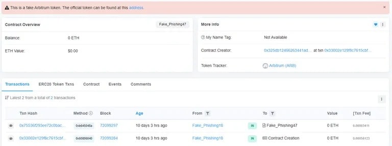 偽ARBトークンの契約内容。ソースはこちら: アービスカン