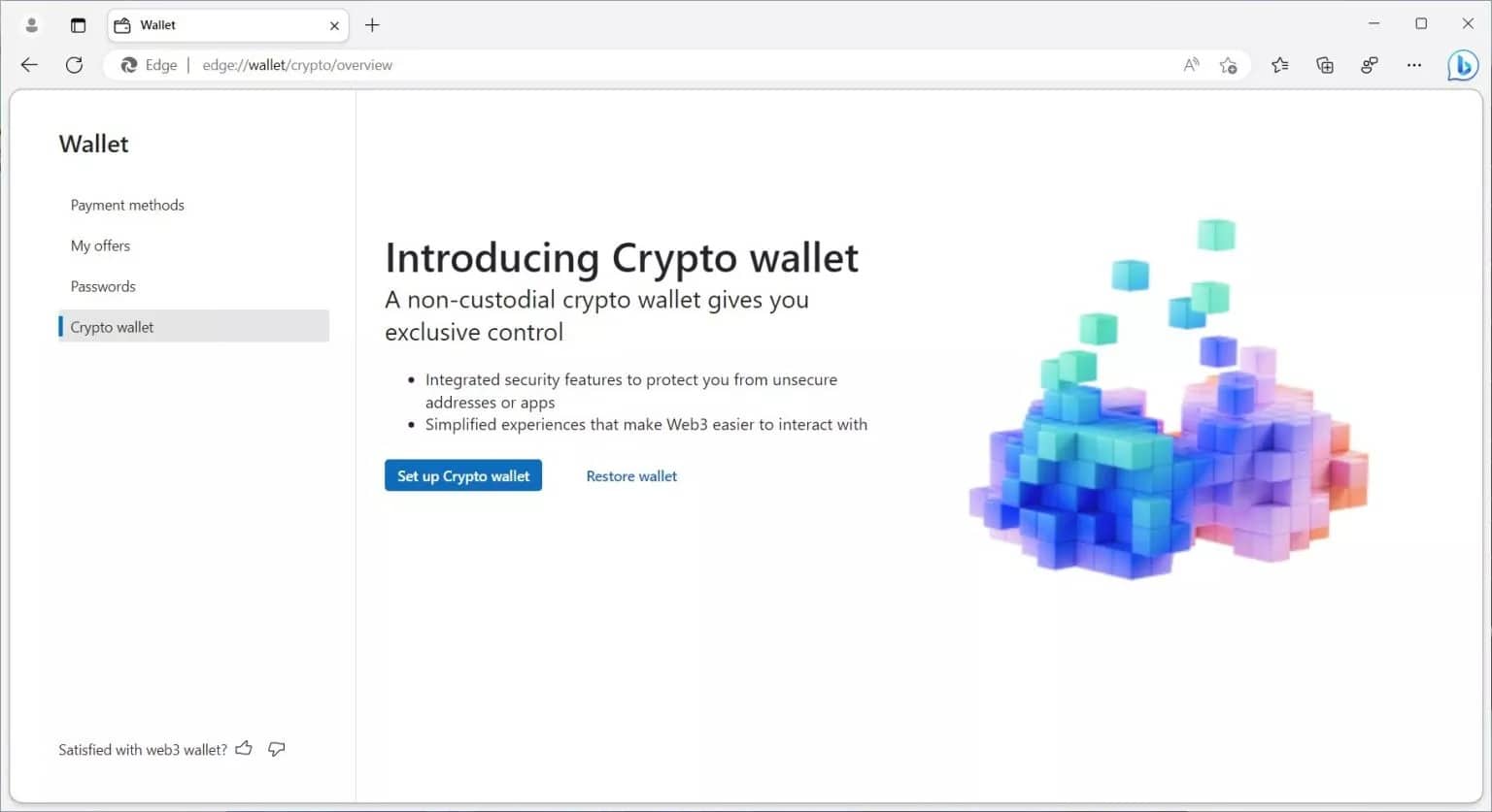 Microsoft Edge Web3 wallet homepage preview