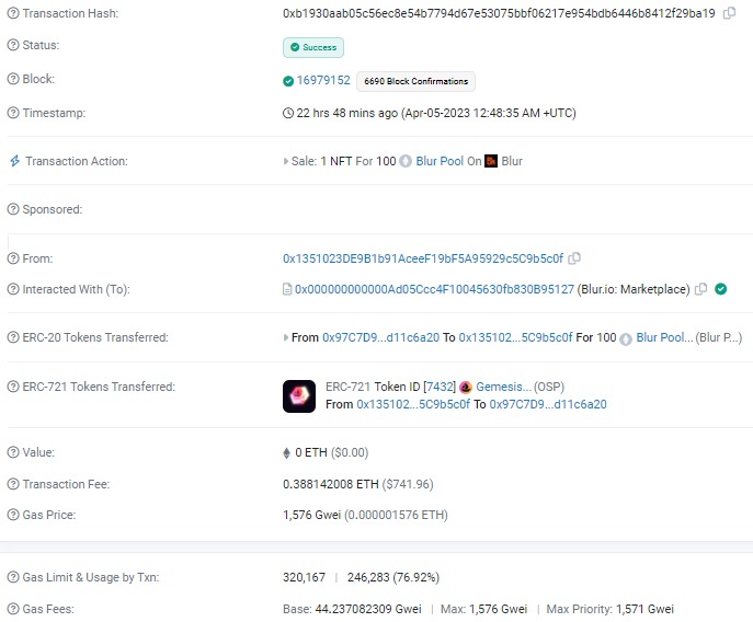 Details van de transactie op Etherscan