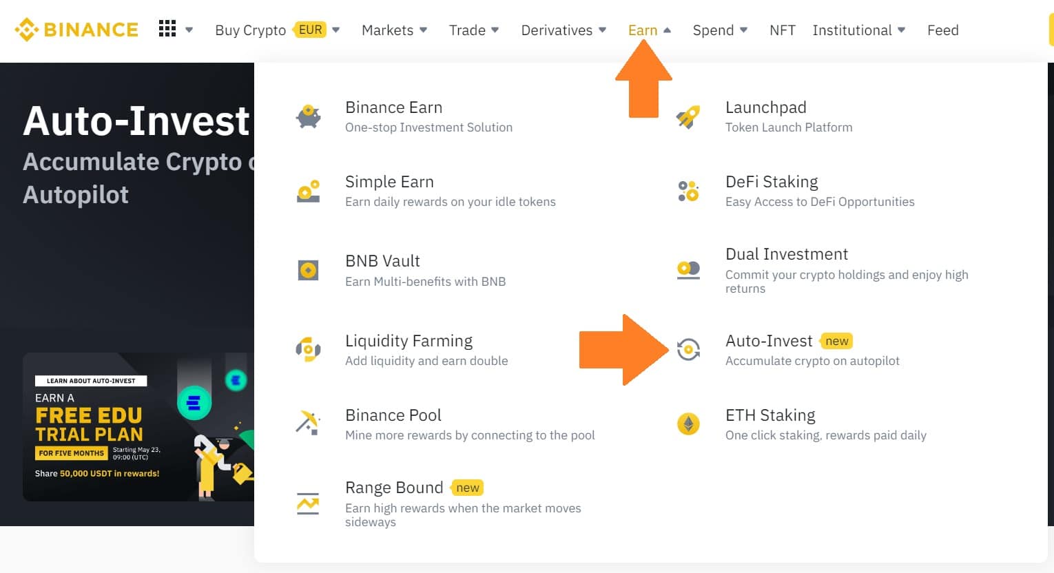 Obrázek 1 - Přístup k menu Binance Auto-Invest