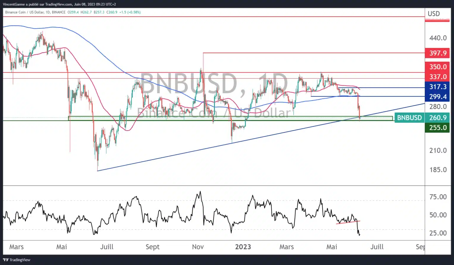 Графика, изготвена с помощта на уебсайта TradingView и която показва японските свещи на НББ/USD в дневни данни