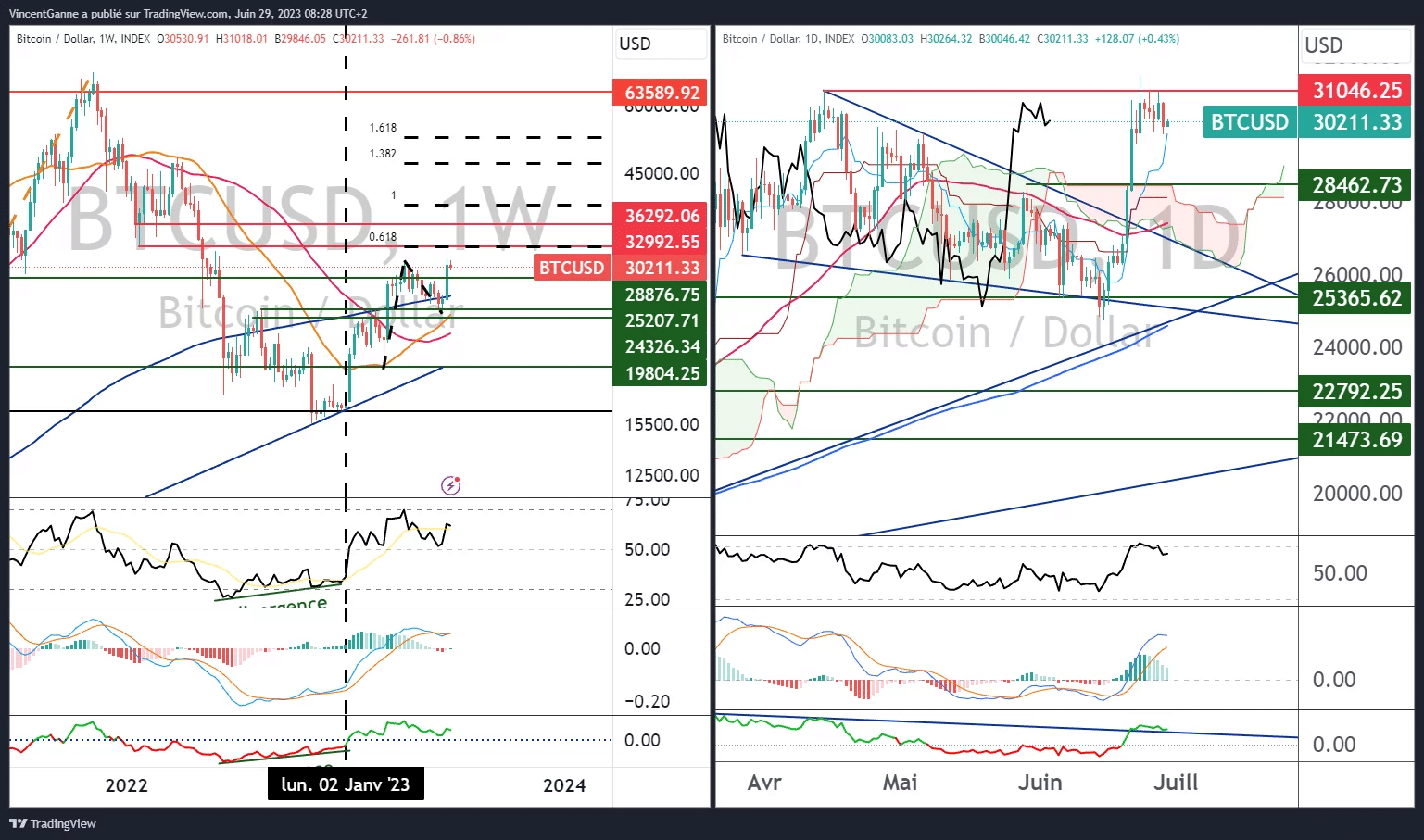Graph produced with the TradingView website showing the weekly and daily Japanese candlesticks for the bitcoin price