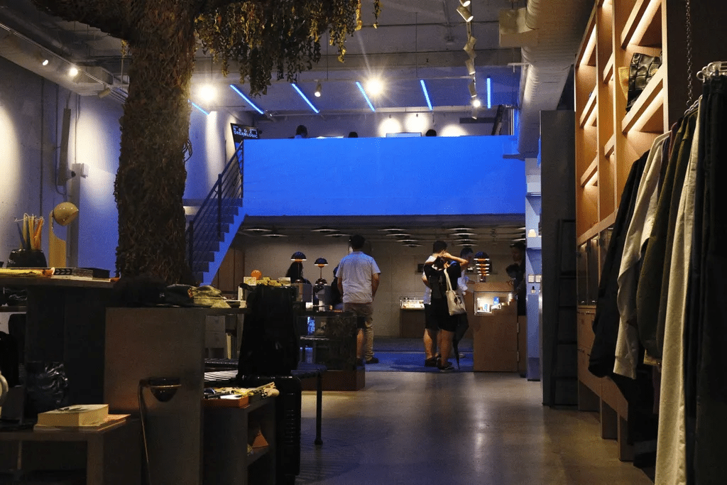 The mezzanine at Gotham displaying NFTs was cloaked in blue light.