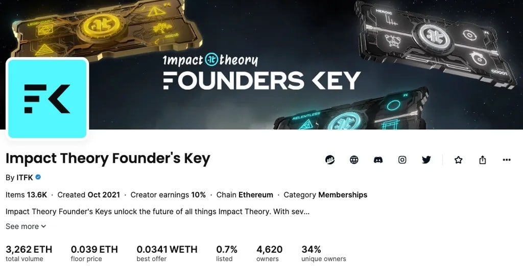 2023年8月28日月曜日に撮影されたOpensea上のImpact Theory Founders Key NFTコレクションのスクリーンショット。