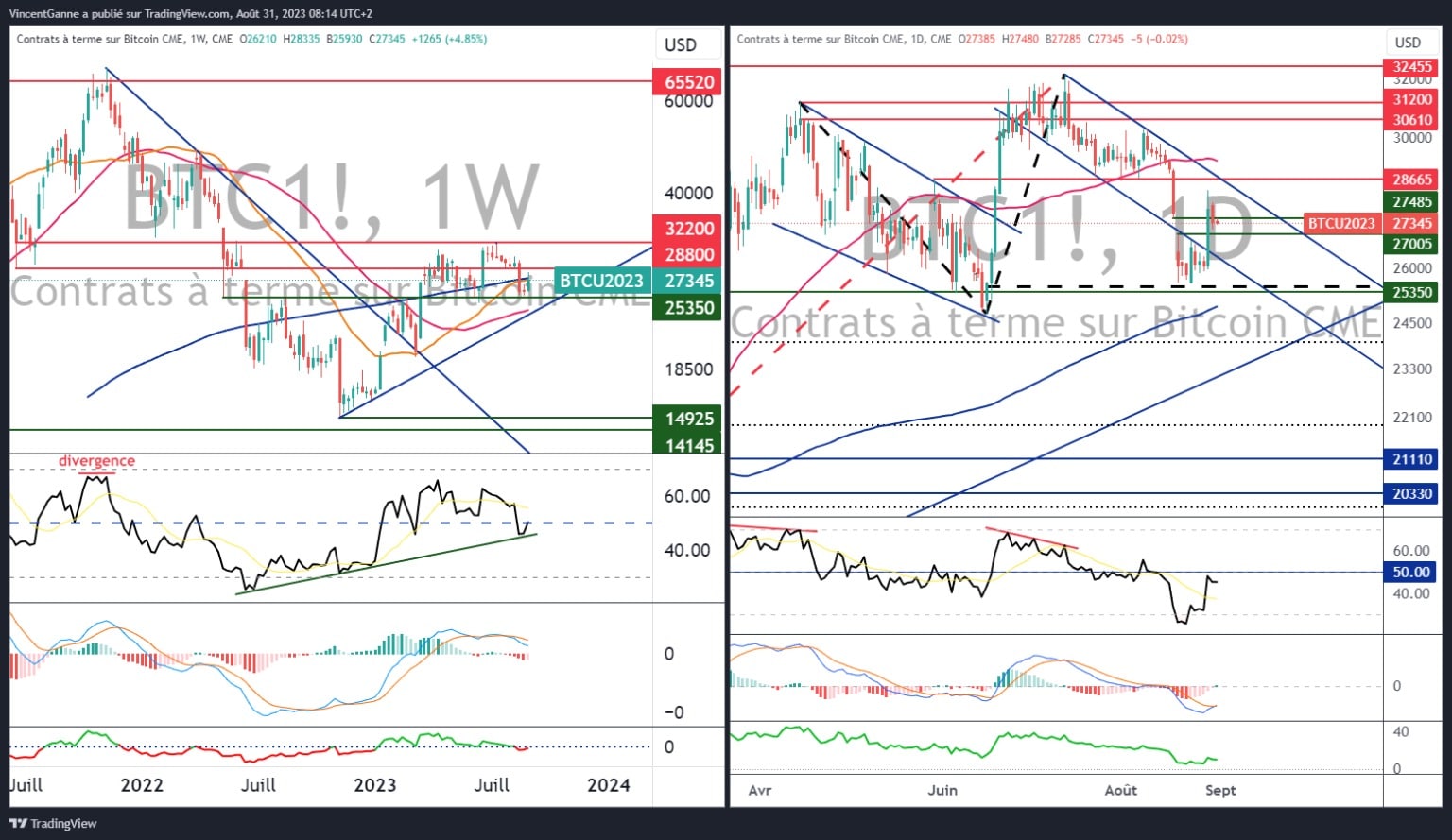 Graph produced with the TradingView website and displaying the weekly and daily Japanese candlicks for the BTC future contract on the Chicago Stock Exchange