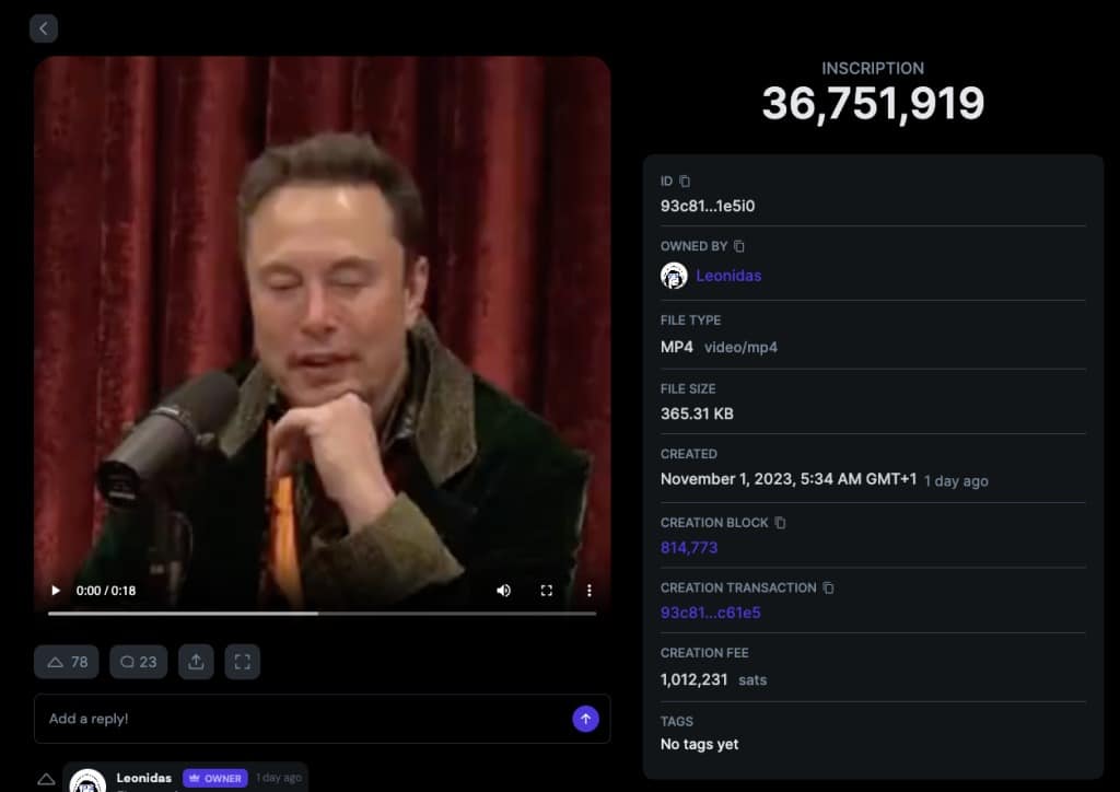 Ordinals inscription of Elon Musk's speech on NFTs, on Bitcoin block 814 773