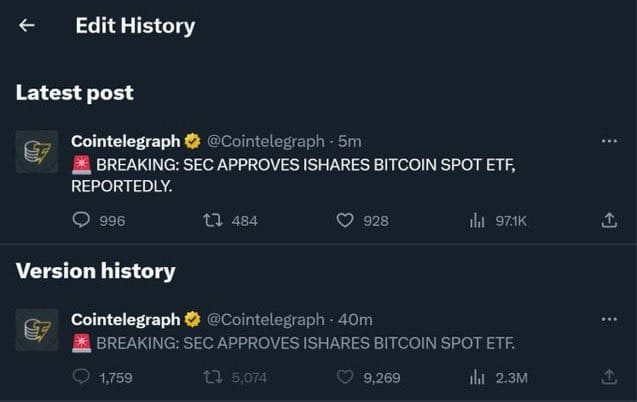 Cointelegraph's tweet, first modified then deleted