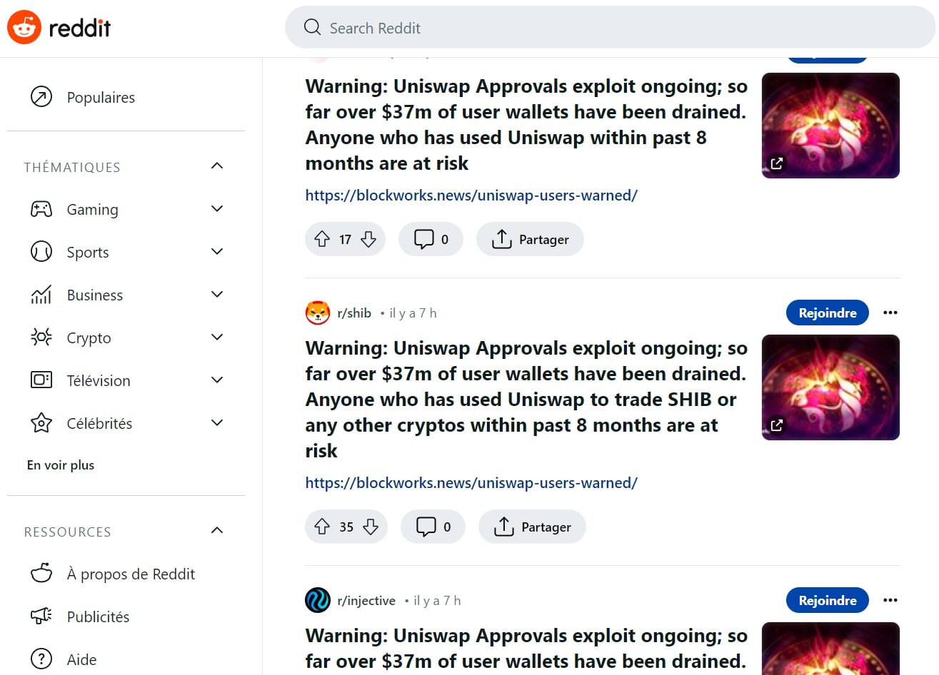 Figure 1 - Fraudulent subreddits warning of an alleged Uniswap hack