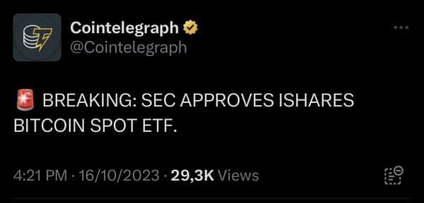 Cointelegraph's tweet, deleted minutes after publication