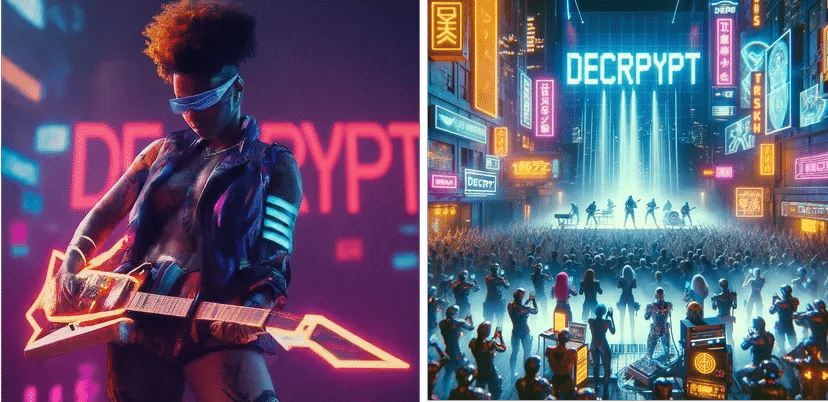 Cyberpunk futuristische artiest die optreedt voor een publiek op het podium met het woord