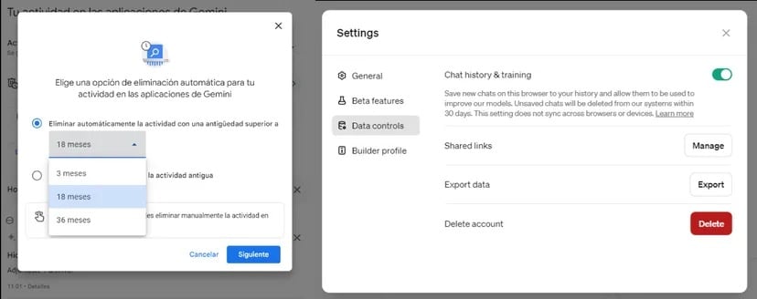 Gemini (links) vs ChatGPT Plus (rechts) slaan interacties van gebruikers voor verschillende tijdsperioden op en gebruiken deze om hun modellen te trainen