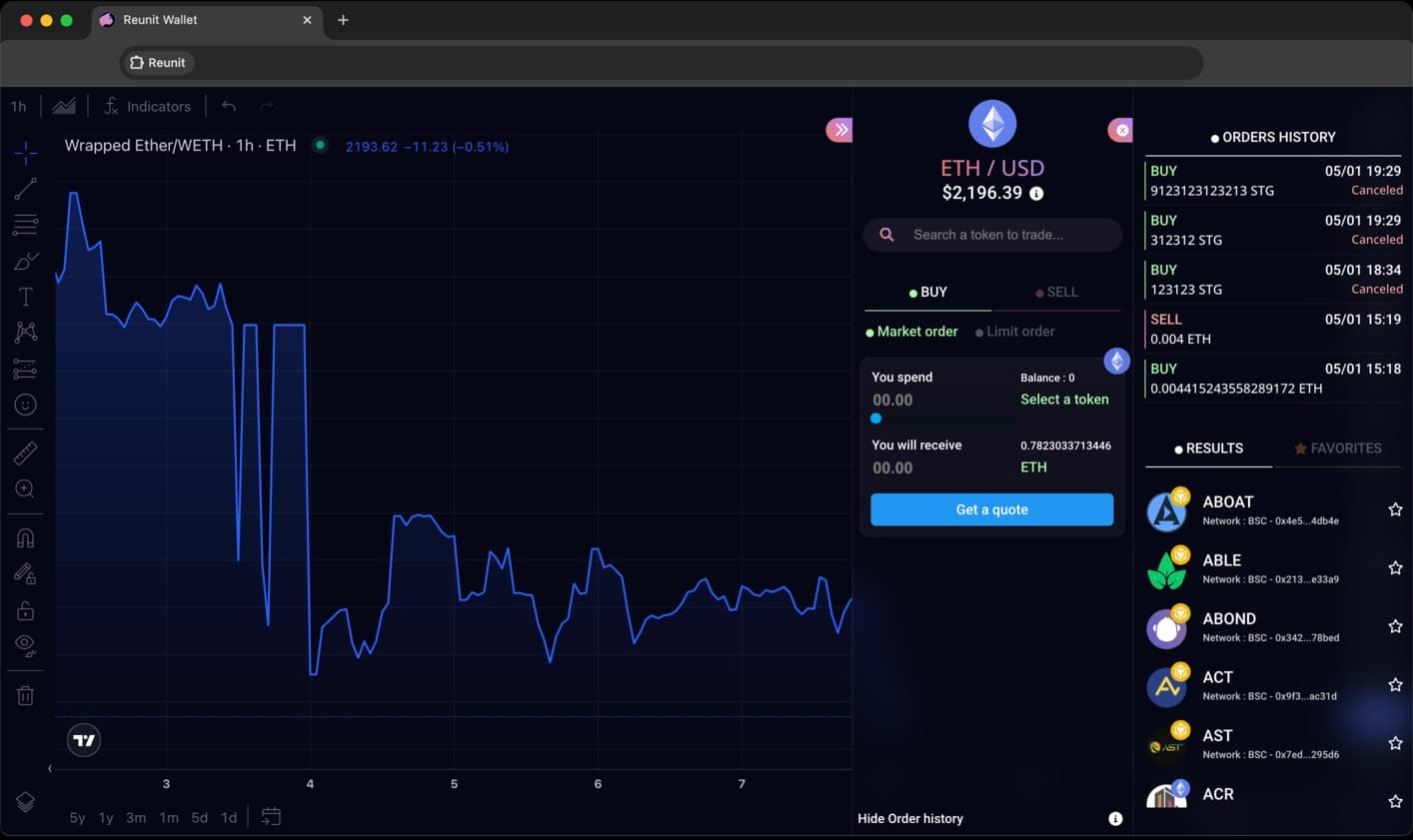 Preview van de handelsterminal van Reunit, compatibel met 7 blockchains