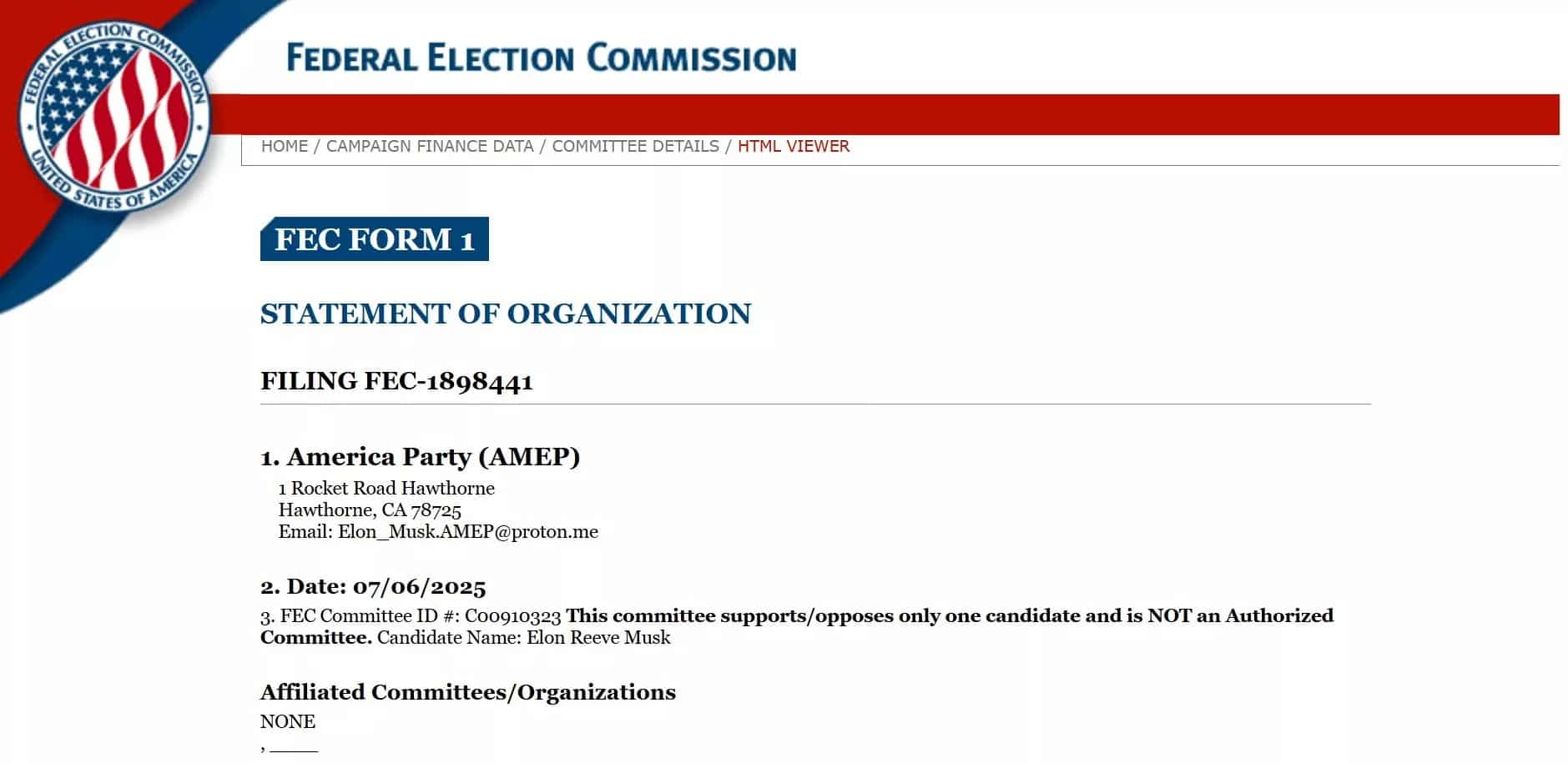 Регистрация America Party в FEC