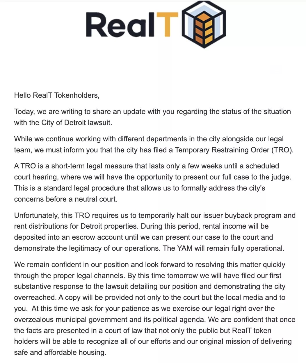 Official statement from the RealT project