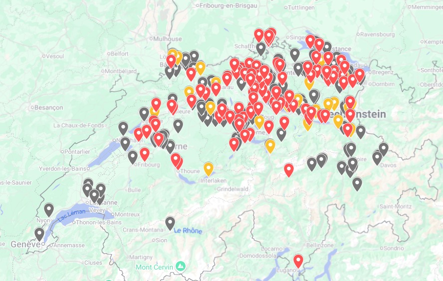 In red, Spar stores accepting cryptocurrencies; in yellow, those that will accept them soon; in gray, those that are still under consideration